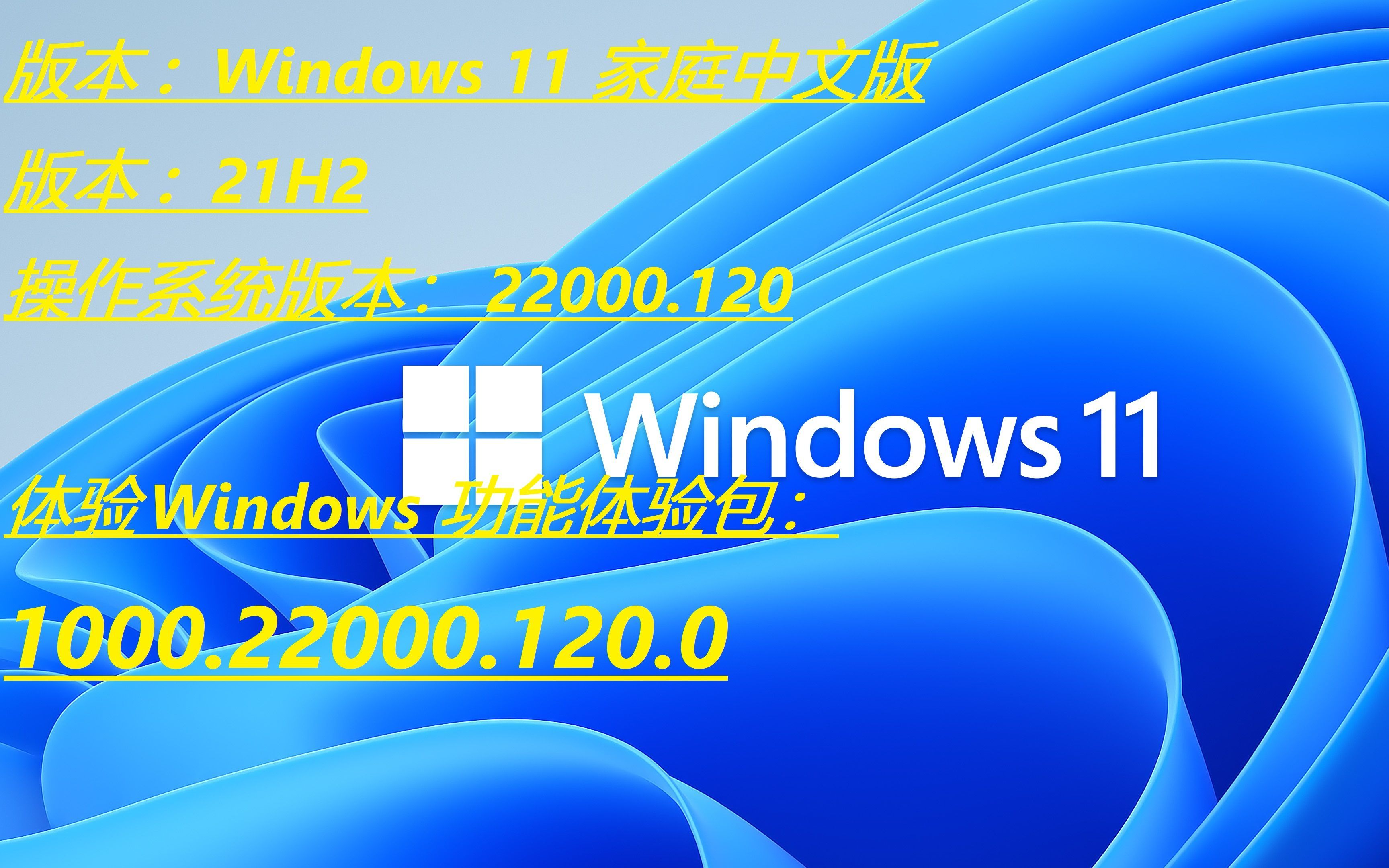 版本	Windows 11 家庭中文版 版本21H2 操作系统版本22000.120 体验Windows 功能体验包1000.22000.120