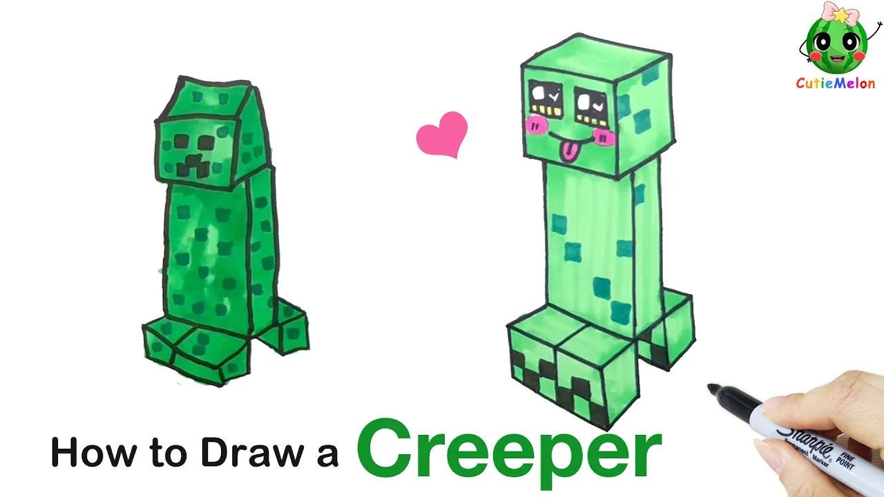 儿童简笔画苦力怕How to Draw a Cute Minecraft Creeper-step by step!Easy Drawings for kids