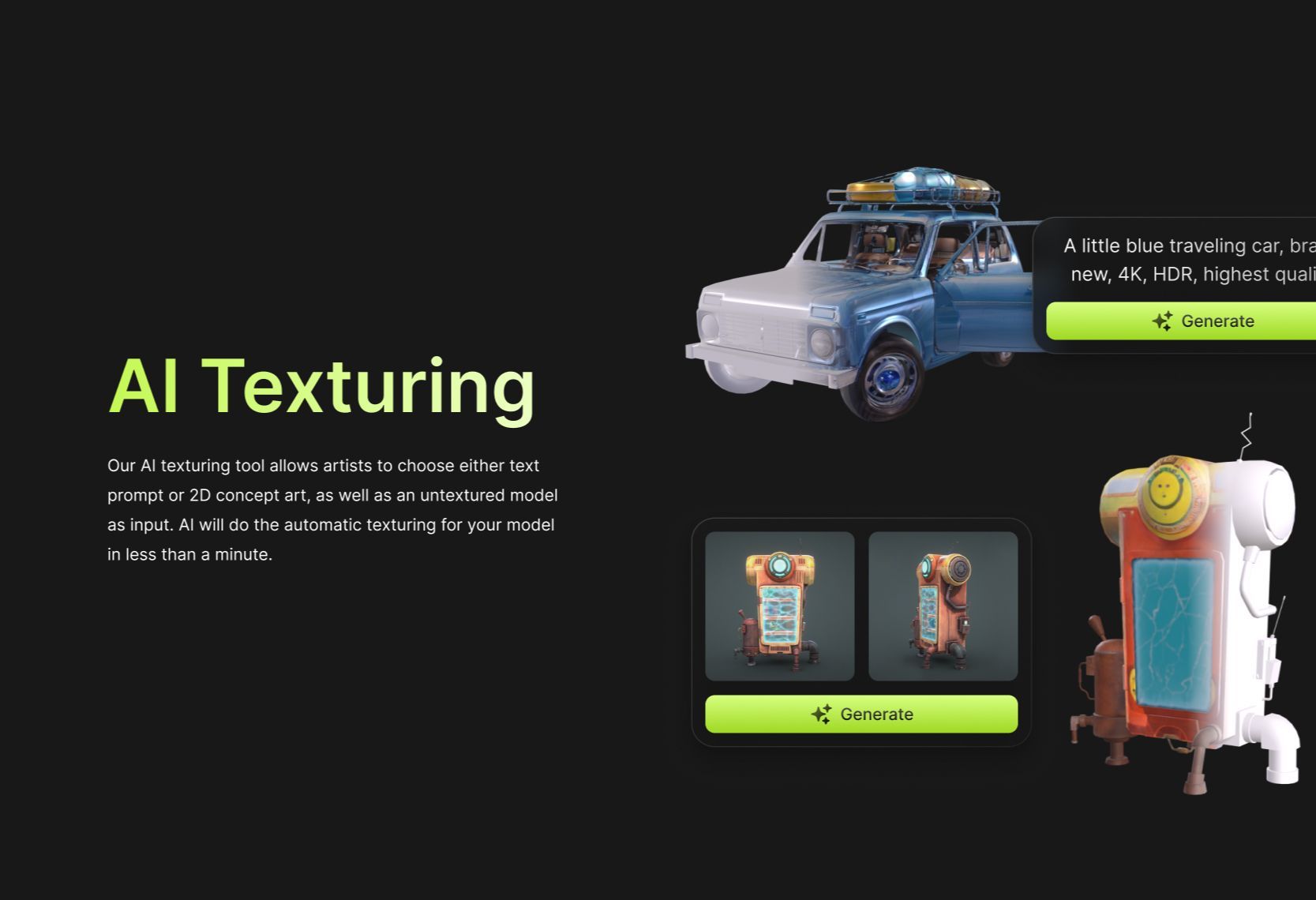 Meshy Texturer 带来逼真的 PBR 效果，输入文字 prompt 即可一键生成贴图，赶快来体验~
