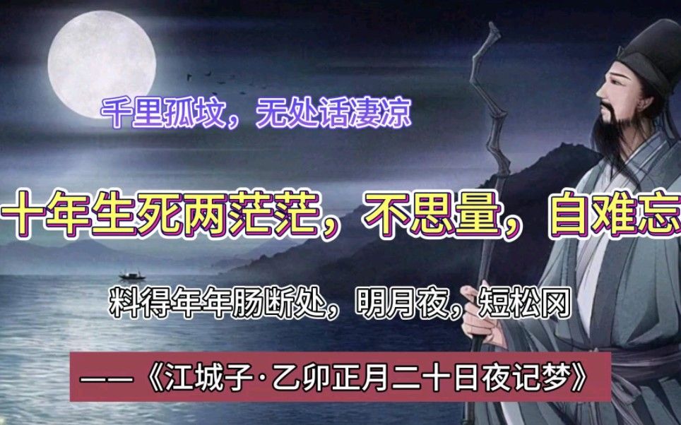 十年生死两茫茫，不思量，自难忘。千里孤坟，无处话凄凉。纵使相逢应不识，尘满面，鬓如霜。料得年年肠断处，明月夜，短松冈。