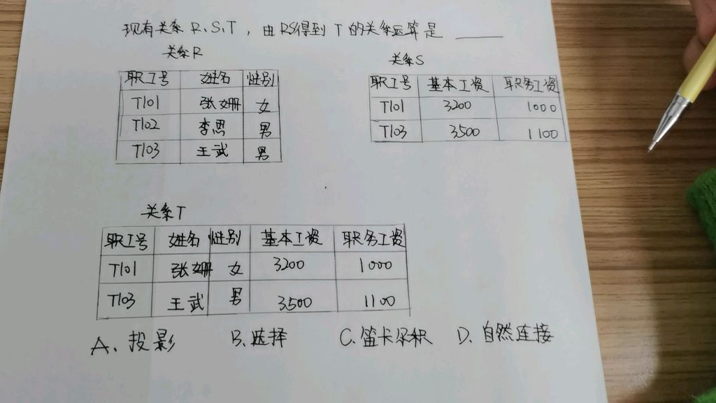 关系运算题型1：已知关系R和关系S，得到关系T的运算是
