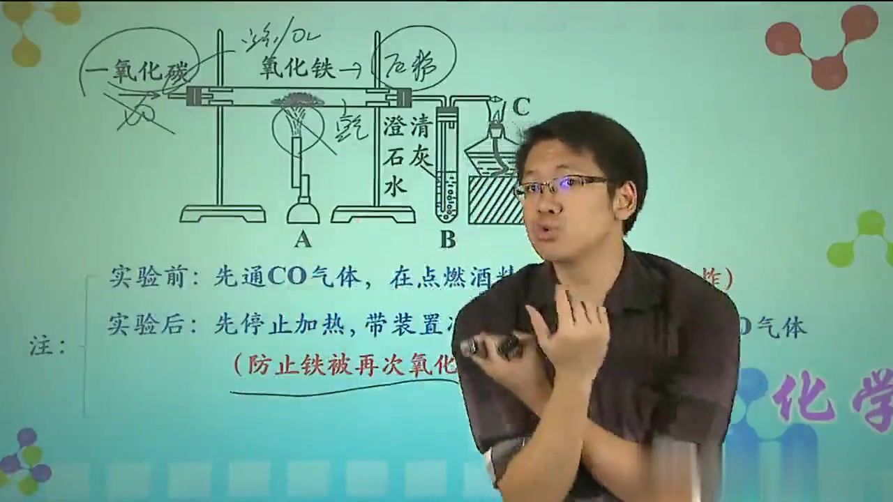 (1)一氧化碳还原氧化铁的实验（装置：检验、除杂、尾气处理装置的选择等）第1段