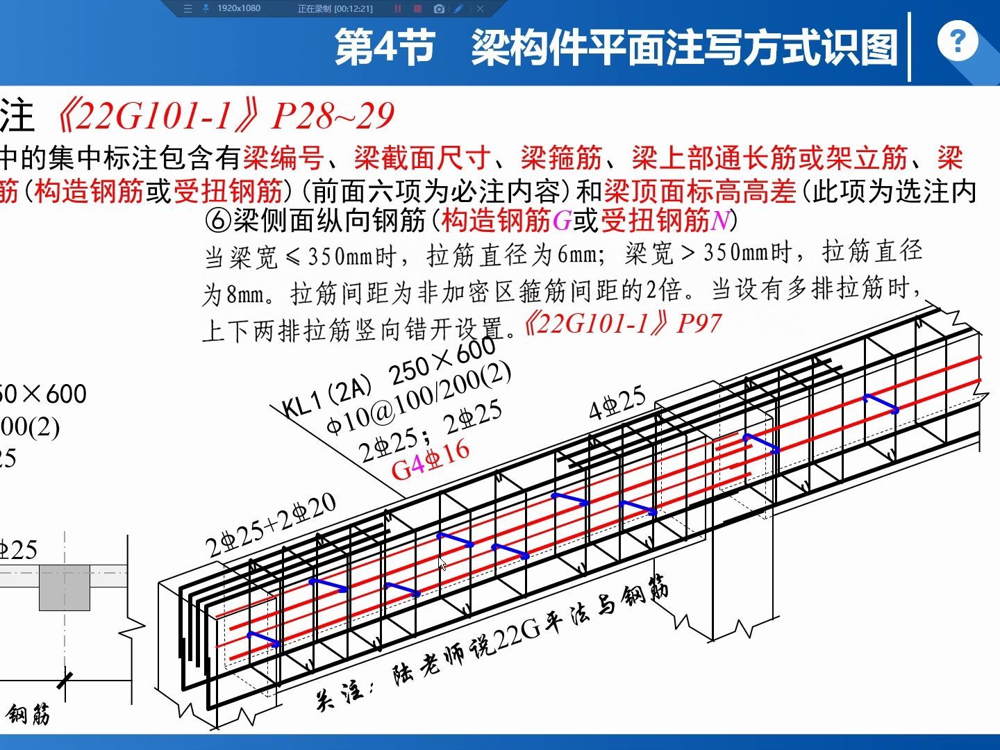 P62 5-7.梁集中标注-梁上部通长筋或架立筋、梁下部纵筋、梁侧钢筋、梁标高高差