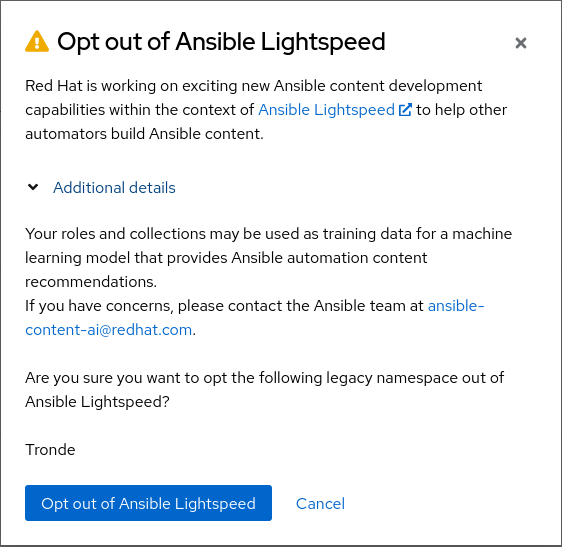 Die Abbildung zeigt den Dialog "Opt out of Ansible Lightspeed", wo man der Verwendung der eigenen Inhalte für Trainingszwecke widersprechen kann.